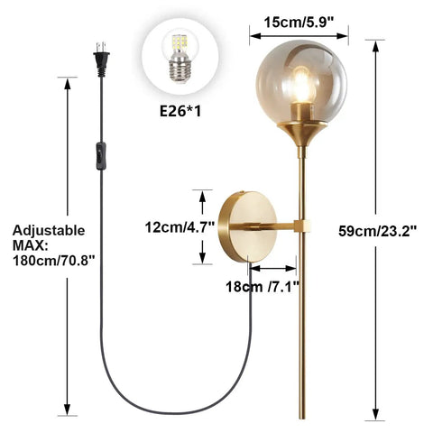 Dope Mid Century Smoke Glass Plug In Wall Lights Two Piece Brushed Brass Globe Sconce Lamps dimensions and features
