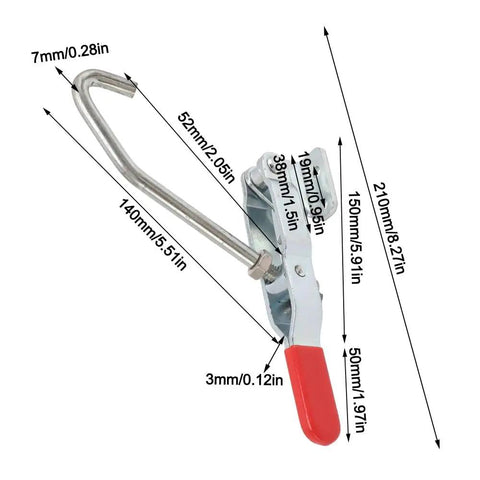 Beefy J Hook Toggle Clamp With Quick Draw Latch Action Rock Solid 375Lb Holding Capacity Straight Pull Lock Adjustable Mechanical Hook Clamp showing dimensions