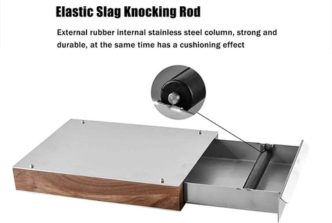 Big League Stainless Steel Espresso Knock Box With A Roomy Detachable Drawer And Integrated Tamping Station on display with rubber grip and removable tray.