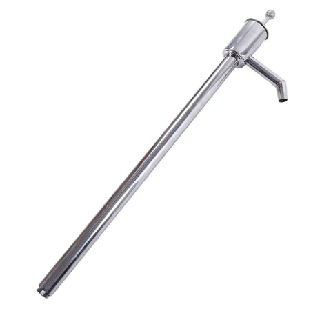 Aramox Stainless Steel Hand Drum Pump For 55 Gallon Drums Transfer Fuel Water Alcohol Kerosene Gasoline With Sturdy Rustproof Build Heavy Duty Manual Liquid Dispenser Tool For Garage And Industrial Use Easy Handling - long stainless steel pump with angled spout.