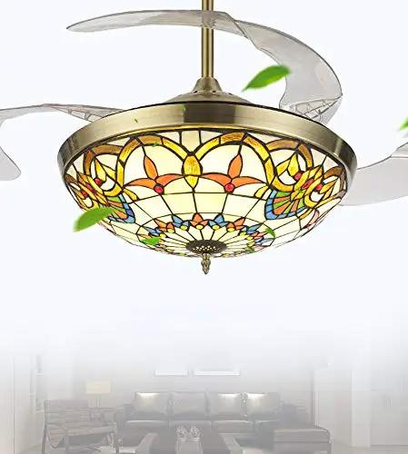 Modern 42 Inch Invisible Ceiling Fan With Silent LED Light And Sleek Gold Blades For Living Room Bedroom Or Kitchen with stained glass design.