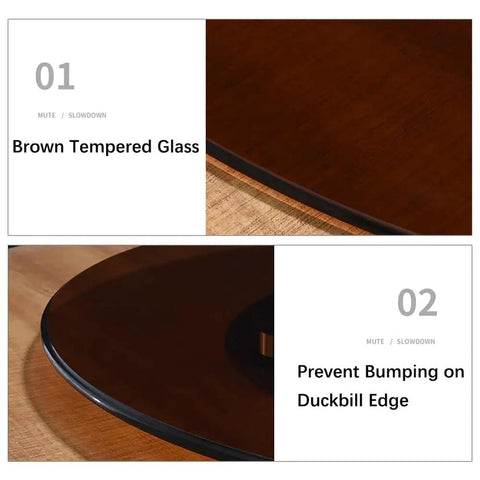 Premium Tempered Glass Lazy Susan Turntable and Slick Swivel Serving Tray with brown tempered glass surface and duckbill edge design.