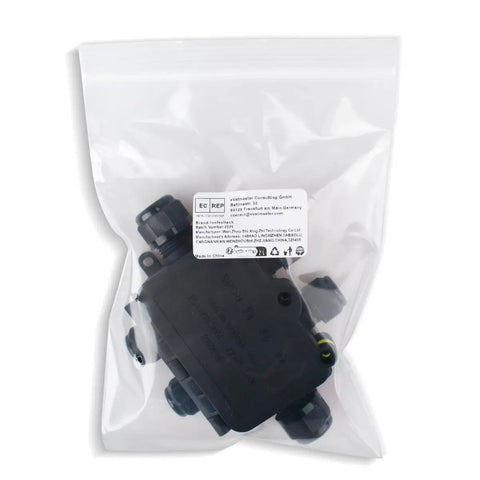 Outdoor Waterproof Electrical Junction Box IP68 3-Way Cable Connector For 5 to 12mm And 3.5 to 10mm Wires, 20A Terminal Block, Built To Last Rugged Weatherproof Box For Outdoor Installations, black plastic bag package