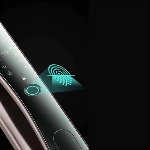 Slick Smart Door Lock With Built In Camera Rock Solid Fingerprint Reader Plus Secure Password IC Card Key Backup For Dead Simple Setup And Reliable Home Security, detail of fingerprint scanner.