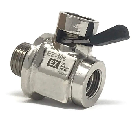 Oil Drain Valve 14mm-1.5 With Removable Hose End Combo For Quick Clean Oil Changes, angled view of brass valve