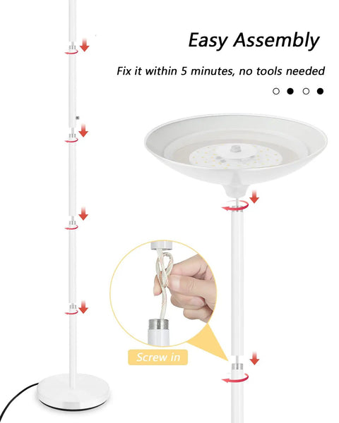 Assembly illustration for Antique Silver Torchiere Floor Lamp With 24W LED, 3000K Dimmable Brightness, Rotary Switch, 70 Inch Tall.