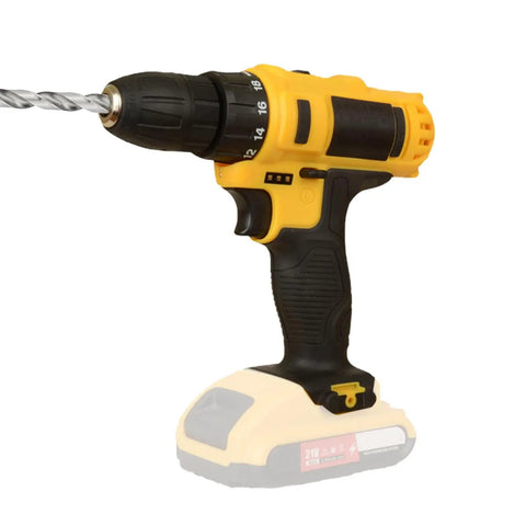 Straight Up Heavy Duty Cordless Drill And Driver Featuring High Torque Motor And Hassle Free Quick Chuck Professional Handheld Power Tool, side view with drill bit.