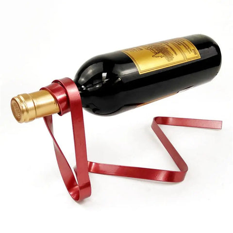 Wine Bottle Holder Rack For Cabinet And Table Decor, a metal stand displaying a wine bottle horizontally in modern rustic style.
