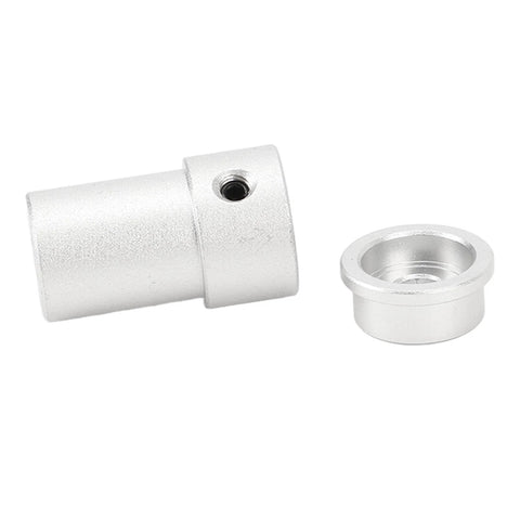 Aluminum motor shaft coupling with mounting hub, angled view, silver, two-piece set