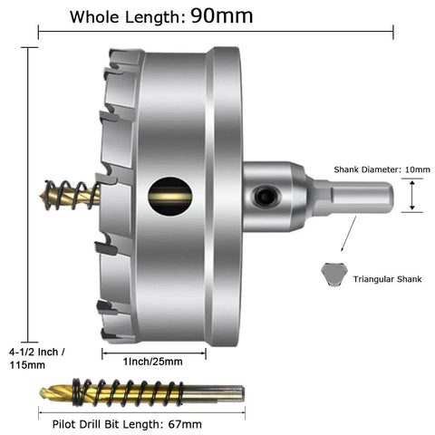 Pro Grade Carbide Tipped Hole Saw Kit 4-1/2 Inch Cutter with two titanium-plated pilot bits, 1 inch cutting depth, 10mm shank