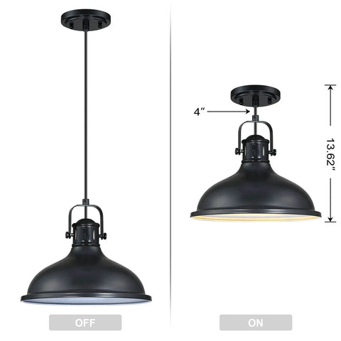 Three Pack Industrial Pendant Lights Black Metal Finish shown in on and off states, side view dimensions included.