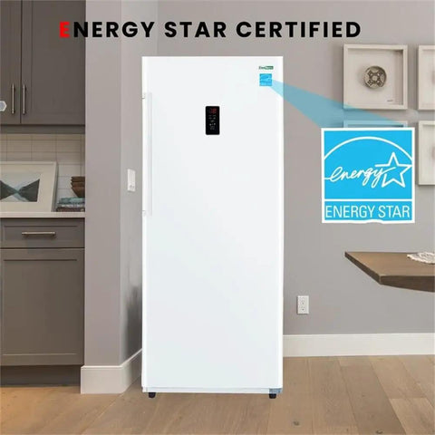 14 Cubic Foot Upright Freezer Refrigerator In Stainless Steel, Energy Star Certified unit in modern kitchen setting.