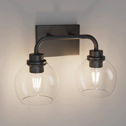 Industrial Style Bathroom Vanity Lighting Fixtures Four Light Matte Black Finish with Clear Globe Glass Farmhouse Bath Light
