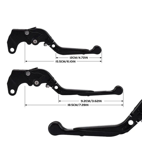 Top Tier Folding Brake And Clutch Levers For Benelli BN302S, black aluminum alloy levers with adjustable handles, showing dimensions.