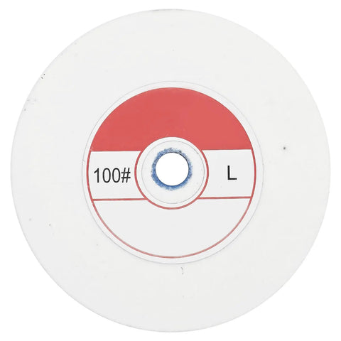 Heavy Duty Benchtop Grinding Wheel 5 Inch 100 Grit White Corundum Shop Ready Workhorse labeled with 100 grit info.