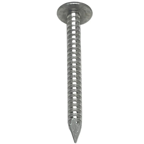 Tough As Nails 1.75 Inch Aluminum Ring Shank Nails 5D Flat Head showcasing the flat head and shank design, ideal for roofing and siding.