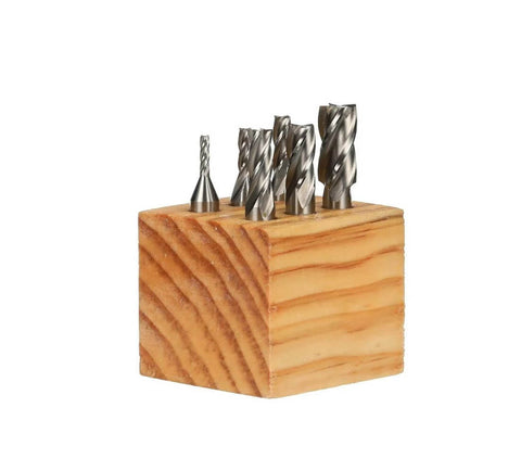 HHIP 4-flute high-speed steel end mill set, 6 pieces, 3/8-in shank, displayed in a wooden block.