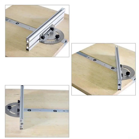 Pro-Grade Router Sled Accessory Kit With Angle Ruler, Guide Rail, Backer, And Track Stopper showcasing setup on wooden surface