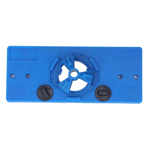 Blue ABS hinge hole saw drilling guide for woodworking, 35mm center bore with adjustable knobs.