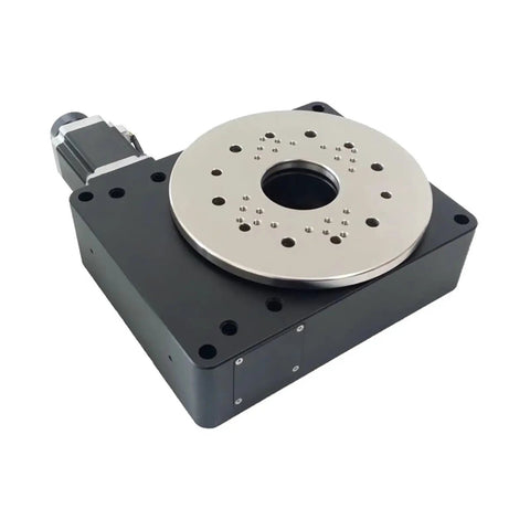 Slick High Precision Motorized Rotary Positioning Stage Delivering Buttery 360 Degree Rotation With Tight Worm Gear Mechanics And A Solid 100 Millimeter Indexing Base For Dead Center Performance, top view.