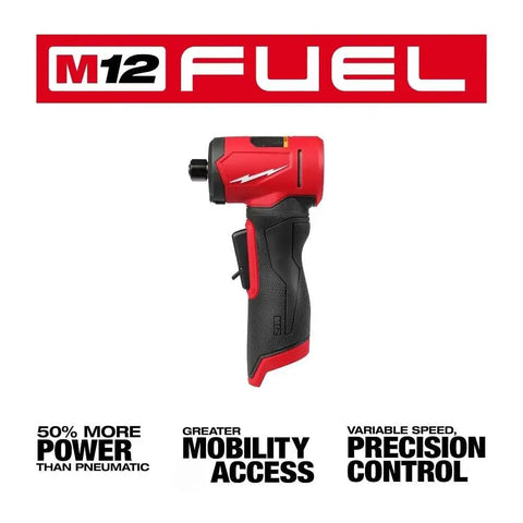 Pro Grade Heavy Hitter Brushless Right Angle Die Grinder With Four Speed Settings And Variable Trigger Plus Built In Led Light Compact M12 Platform Compatible Bare Tool For Tough Shop Jobs shown in red and black design with ergonomic grip for detailing work.