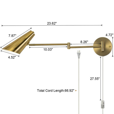 Plug In Wall Sconce Set Of 2 With Brass Swing Arm Lights For Bedroom And Living Room, dimensions showing adjustable swivel arm.