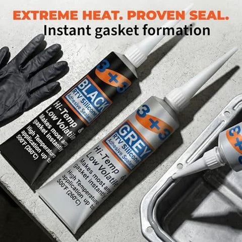 Three RTV silicone gasket maker cartridges (black and grey) with gloves and metal tray in background.