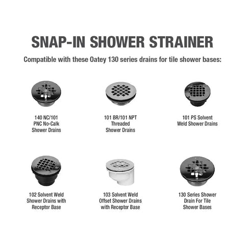 Universal Round Shower Strainer Snap In 4.25 Inch Drain Top Matte Black Finish with various compatible drain options