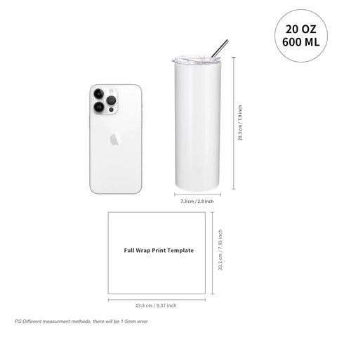 24 Pack Sublimation Tumbler Blanks 20 Oz White Straight Stainless Steel Cups With Metal Straw And Lid size comparison