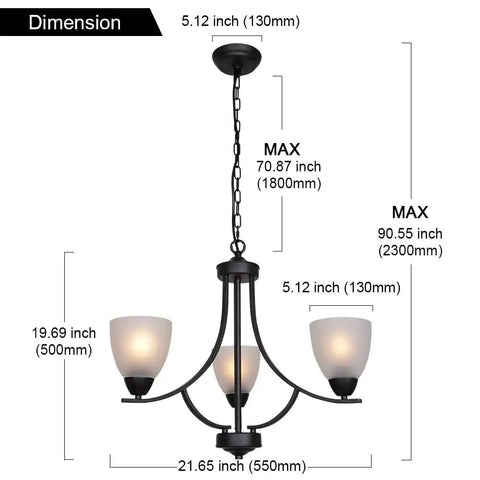 Three Light Shaded Contemporary Chandeliers With Alabaster Glass In Sleek Black Rustic Finish, dimensions displayed