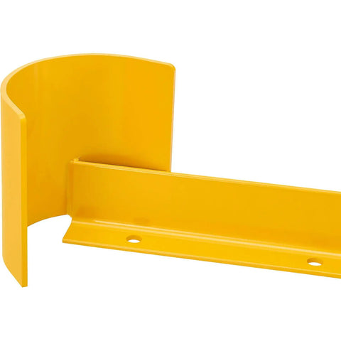 Left Side Pallet Rack End Protector, 36 Inch Long, 3/8 Inch Thick Steel, Bright Yellow Heavy Duty Corner Guard close-up view.
