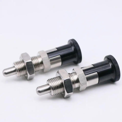 Top Shelf Stainless Steel Plunger Pin Set Double Pack For Tool Chest Organization With Quick Release Pull Ring Spring Loaded Self Locking Knob M10 Threads, close-up view of two stainless steel plunger pins.