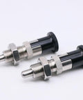 Hella Solid Stainless Steel Plunger Pin For Tool Chest Featuring Self Locking Knob Quick Release Pull Ring Spring Loaded Indexer Lock Fine M8 Precision Thread, two stainless steel indexing pins with black knobs.