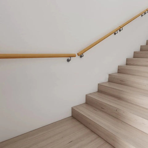 Rock Solid Oak Wood Indoor Stair Banister Rail With Wall Mounted Handrail And Heavy Duty Metal Brackets on staircase
