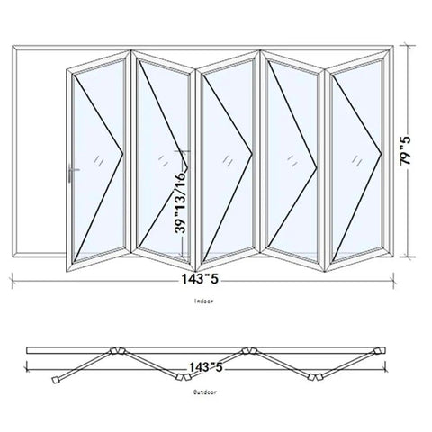 Five Panel Aluminum Folding Glass Door In White With Low E Tempered Glass And Heavy Duty Rollers delivering detailed dimensions and design views.