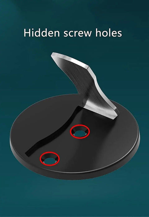 Close-up of hidden screw holes in Invisible Metal Magnetic Door Catch Stops Keep Doors From Slamming Shut With Strong Hold For Bedrooms Bathrooms Offices And Homes In Cool Black Finish.