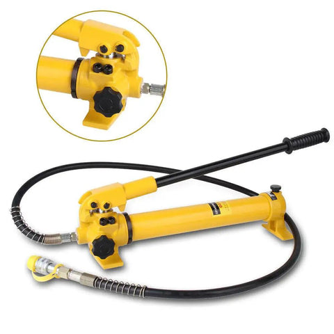 Kick Ass Manual Hydraulic Hand Pump 10000 Psi Rated With 350Cc Reservoir And Standard Npt Hookup, yellow handheld design.