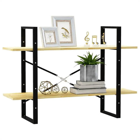 Industrial 2 Tier Book Cabinet With Solid Pine Wood And Metal Frame Open Storage Display Shelf Organizer For Living Room And Home Office Brown Finish Unit