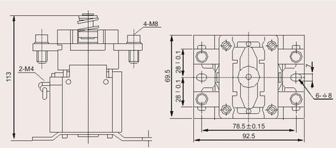Diagram of Rock Solid Heavy Duty 300Amp Solenoid Relay Switch for Golf Cart and Electric Forklift, showing dimensions and design.