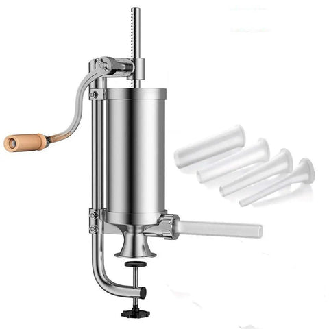 Stainless Steel Vertical Sausage Maker Filler With Suction Base And Manual Crank For Home Use Or Small Businesses No Batteries Needed Make Fresh Sausages And Hot Dogs At Home 2.5 Lbs Capacity, shown with 4 different nozzle sizes.