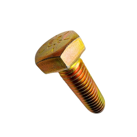 Close-up of a single 3/8 inch Grade 8 hex bolt, part of the Three Eighths Inch Hex Bolts Grade Eight Set Of Ten With Hardened Flat Washers And Nylon Lock Nuts