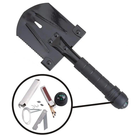 Grab-N-Go 12-In-1 Survival Multi-Tool Shovel with compass, axe, and additional tools for camping and emergency use