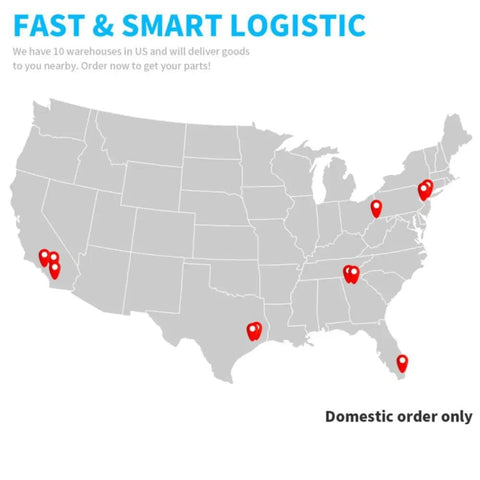 Map of the USA showing 10 warehouse locations for fast logistics and domestic delivery.