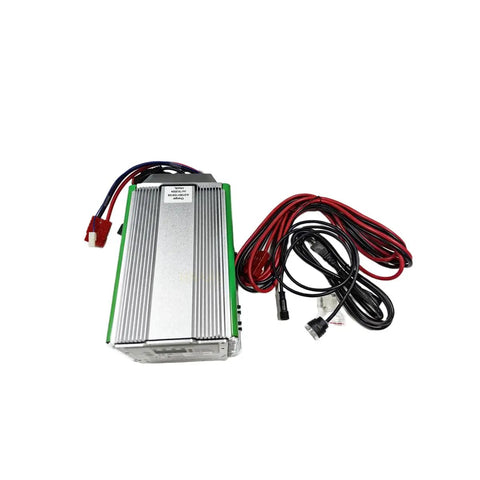Premium 48 Volt Heavy Duty Battery Charger Replacement For Industrial Boom And Scissor Lifts Plug In Ready Setup, green and silver housing with charging cables.