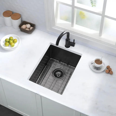 Undermount Bar Sink 12x16 Inch Deep Black 16 Gauge Stainless Steel Single Bowl With Bottom Grid And Drain Assembly in kitchen