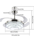 Dope Modern K9 Crystal Ceiling Fan With Lights And Remote dimensions showing 42 inch diameter and retractable acrylic blades.
