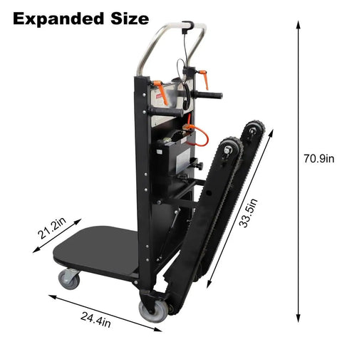 Super Heavy Duty Electric Stair Climber Cart With 440 LB Max Load Capacity And 600W Motor Expanded size showing features and dimensions.