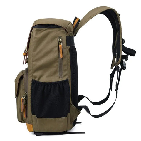 Side view of Chic Canvas Camera Backpack for Outdoor Photography, large capacity, with tripod holder and padded anti-shock interior.