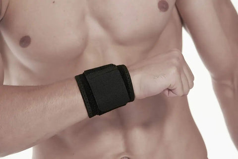 2 Pack Adjustable Wrist Brace Set for Fitness and Weightlifting, shown worn on a model's wrist for tendonitis support.