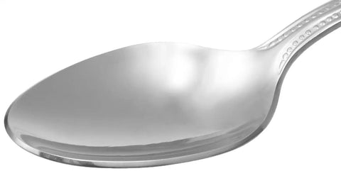 Close-up view of Top Tier Stainless Steel Dinner Spoons With Pearled Edge Handles showing shiny spoon bowl for dining.